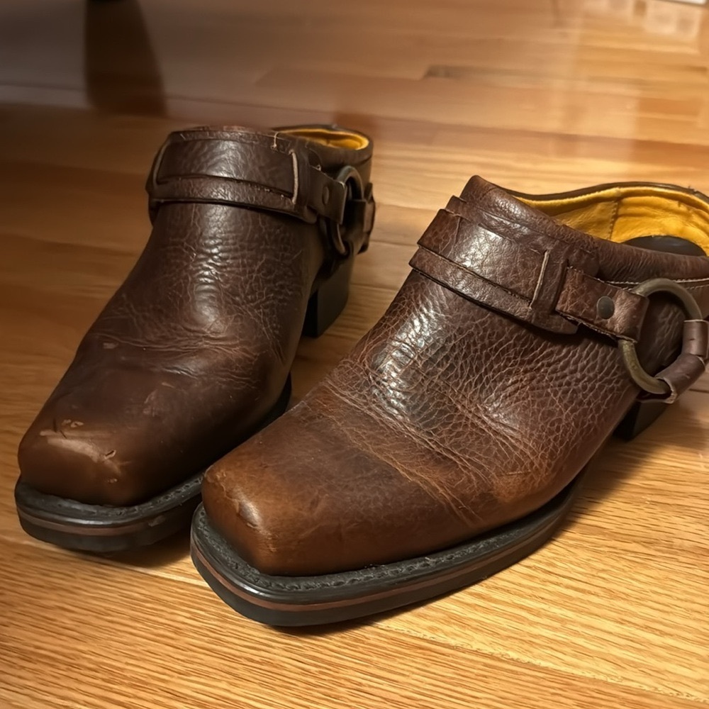 Frye- Dark Brown Harness Mule Boots Vintage- Resoled size 7.5/8